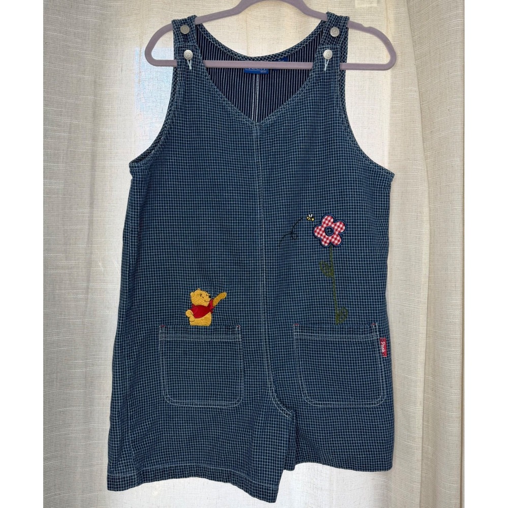 90s Vintage Disney Pooh Overalls Shorts Embroidered Gingham Plaid Blue Women's M